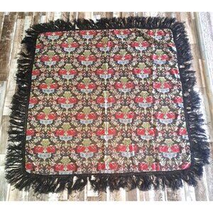 Antique Victorian Tablecloth Fringe Black Red Blue Floral Art Nouveau 55x58